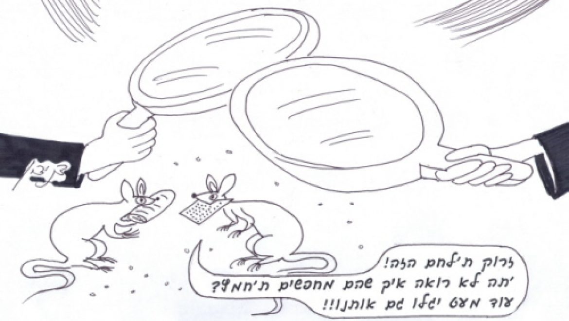 Two mice, one bearing matzah and the other chametz, enter different houses